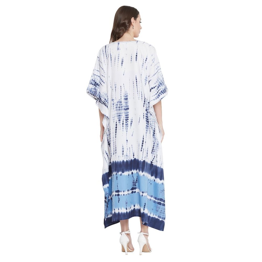 Women White & Blue Polyester Caftan Maxi Dress Stylish Mumu Cover Up Dresses - Picture 9 of 10